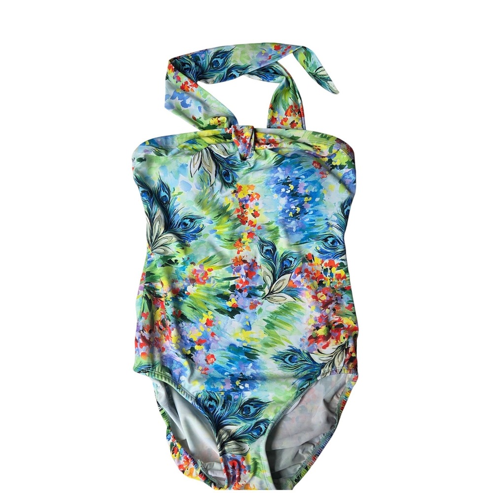 Peacock Feather Floral Halter One Piece Swimsuit Blue Green Watercolor Print
